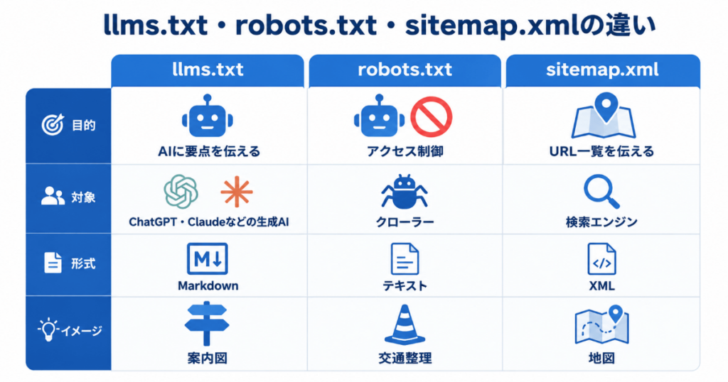 llms.txt・robots.txt・sitemap.xml比較図